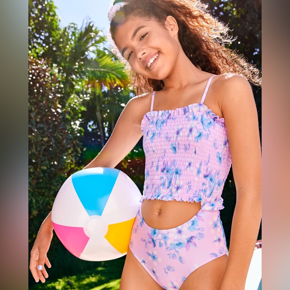 SUGAR & JADE Tween Girls Floral Smocked One Piece Swimsuit